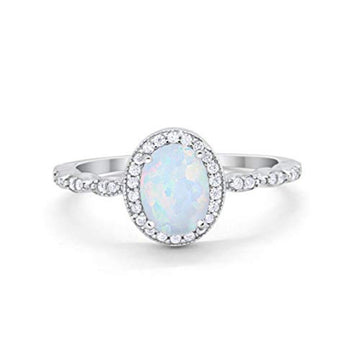 Oval Engagement Ring Halo Bridal Lab Created White Opal 925 Sterling Silver